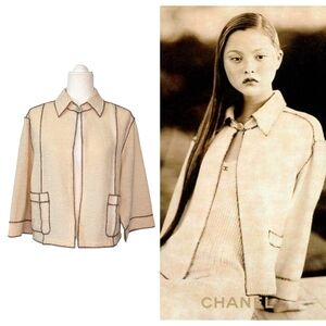 Chanel Spring 1999 Jacket CC Logo Button Contrast Stitch Boxy Fit Neutral FR 38